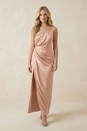 One - Shoulder Satin Ruched Sheath Bridesmaid Dress in Champagne Rose - KISS BRIDAL Bridesmaid Dresses