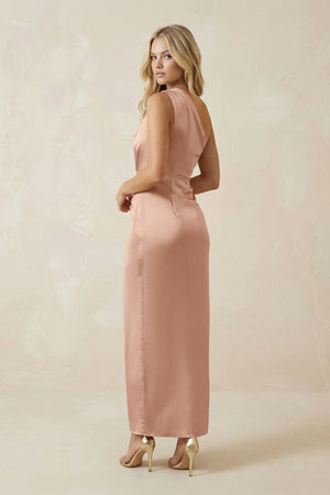 One - Shoulder Satin Ruched Sheath Bridesmaid Dress in Champagne Rose - KISS BRIDAL Bridesmaid Dresses