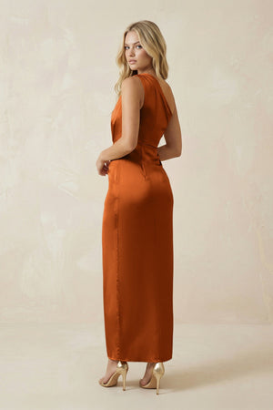 One - Shoulder Satin Ruched Sheath Bridesmaid Dress in Cinnamon - KISS BRIDAL Bridesmaid Dresses