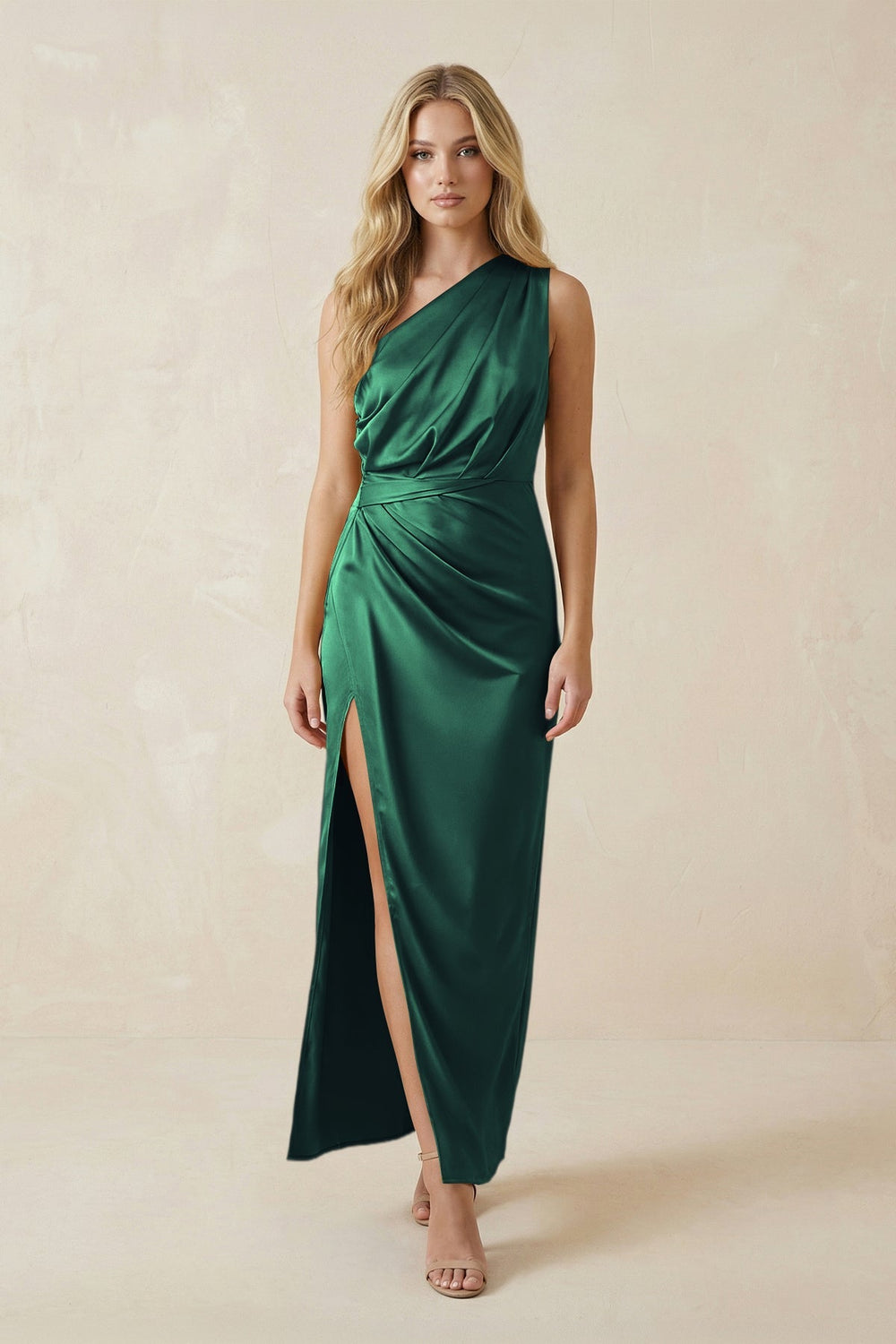 One - Shoulder Satin Ruched Sheath Bridesmaid Dress in Dark Green - KISS BRIDAL Bridesmaid Dresses