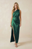 One - Shoulder Satin Ruched Sheath Bridesmaid Dress in Dark Green - KISS BRIDAL Bridesmaid Dresses
