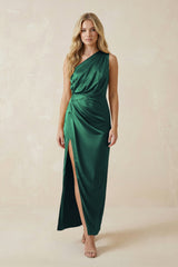 One - Shoulder Satin Ruched Sheath Bridesmaid Dress in Dark Green - KISS BRIDAL Bridesmaid Dresses