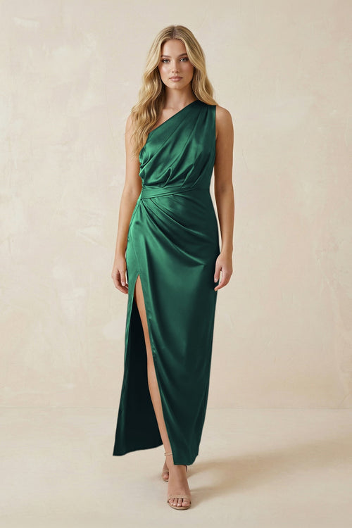 One - Shoulder Satin Ruched Sheath Bridesmaid Dress in Dark Green - KISS BRIDAL Bridesmaid Dresses