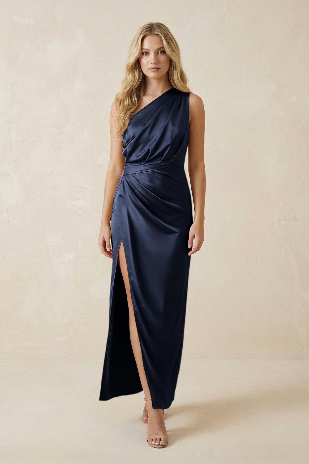 One - Shoulder Satin Ruched Sheath Bridesmaid Dress in Dark Navy - KISS BRIDAL Bridesmaid Dresses
