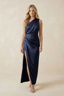 One - Shoulder Satin Ruched Sheath Bridesmaid Dress in Dark Navy - KISS BRIDAL Bridesmaid Dresses