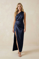 One - Shoulder Satin Ruched Sheath Bridesmaid Dress in Dark Navy - KISS BRIDAL Bridesmaid Dresses