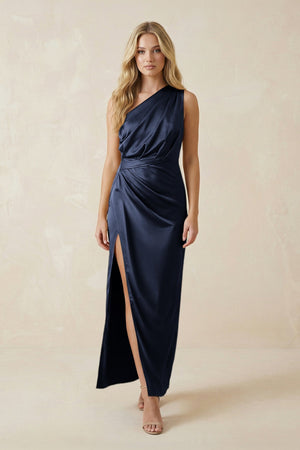 One - Shoulder Satin Ruched Sheath Bridesmaid Dress in Dark Navy - KISS BRIDAL Bridesmaid Dresses