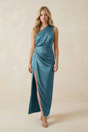 One - Shoulder Satin Ruched Sheath Bridesmaid Dress in Dark Teal - KISS BRIDAL Bridesmaid Dresses