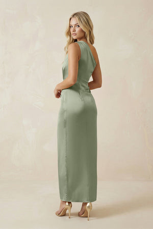 One - Shoulder Satin Ruched Sheath Bridesmaid Dress in Dove Gray - KISS BRIDAL Bridesmaid Dresses