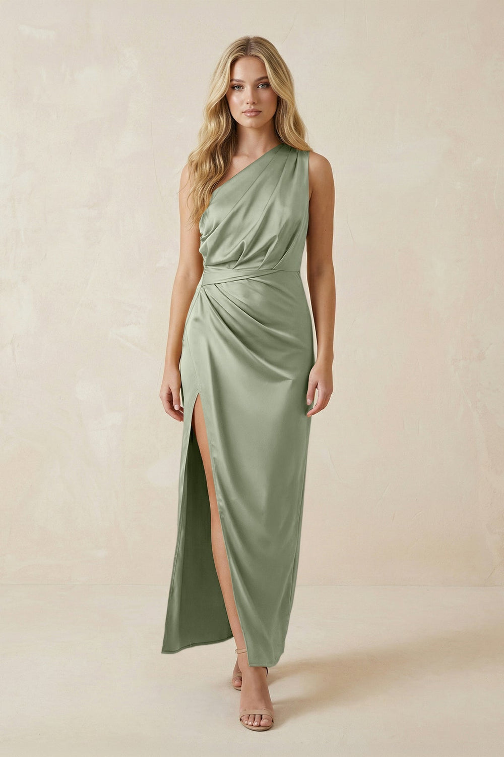 One - Shoulder Satin Ruched Sheath Bridesmaid Dress in Dove Gray - KISS BRIDAL Bridesmaid Dresses