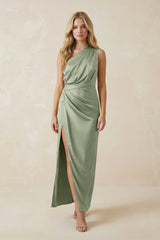 One - Shoulder Satin Ruched Sheath Bridesmaid Dress in Dove Gray - KISS BRIDAL Bridesmaid Dresses