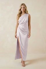 One - Shoulder Satin Ruched Sheath Bridesmaid Dress in Dusk - KISS BRIDAL Bridesmaid Dresses