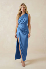 One - Shoulder Satin Ruched Sheath Bridesmaid Dress in Dusty Blue - KISS BRIDAL Bridesmaid Dresses