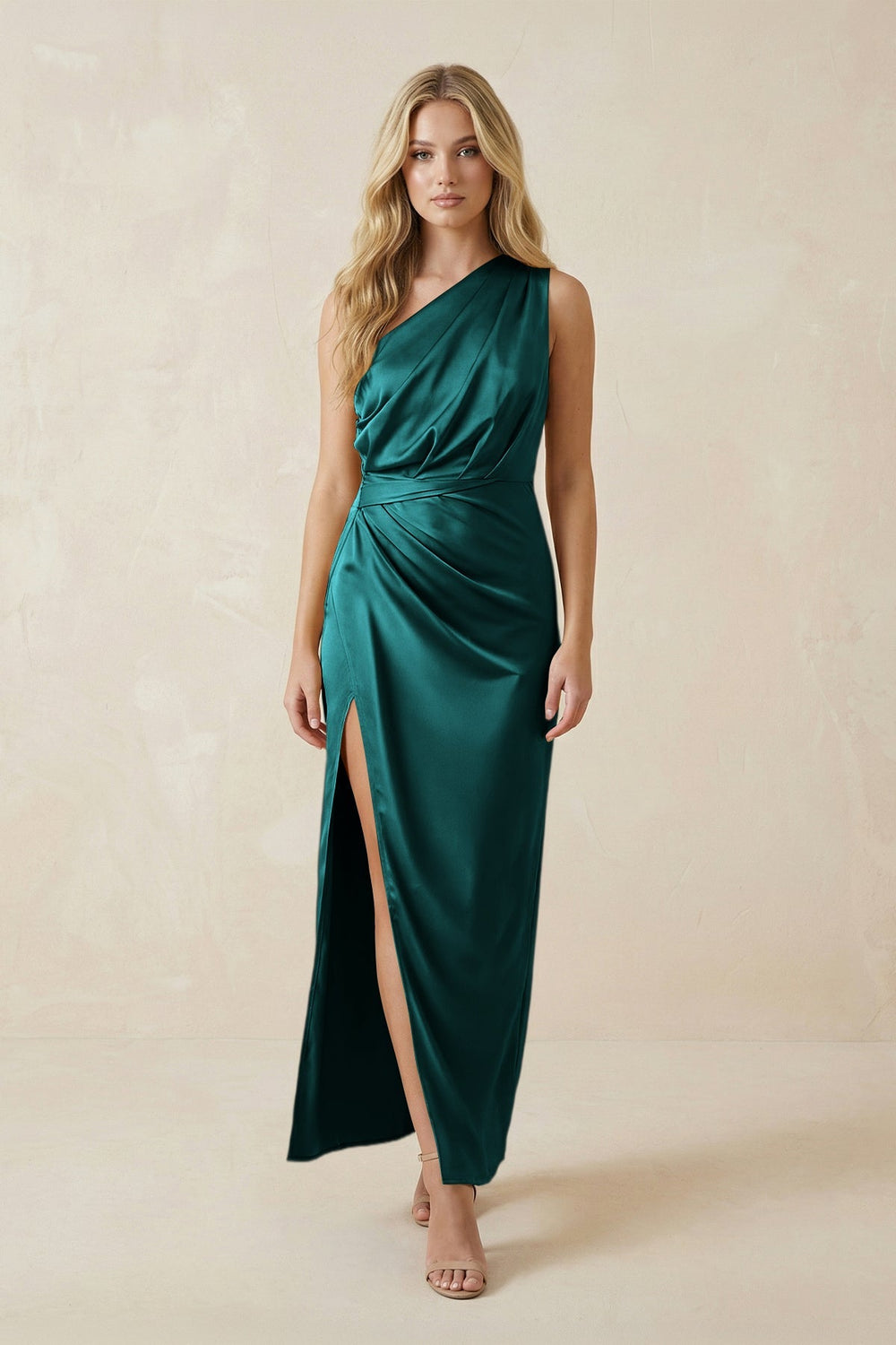 One - Shoulder Satin Ruched Sheath Bridesmaid Dress in Emerald - KISS BRIDAL Bridesmaid Dresses