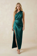 One - Shoulder Satin Ruched Sheath Bridesmaid Dress in Emerald - KISS BRIDAL Bridesmaid Dresses