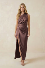 One - Shoulder Satin Ruched Sheath Bridesmaid Dress in Espresso - KISS BRIDAL Bridesmaid Dresses