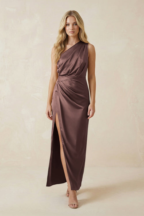 One - Shoulder Satin Ruched Sheath Bridesmaid Dress in Espresso - KISS BRIDAL Bridesmaid Dresses