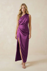 One - Shoulder Satin Ruched Sheath Bridesmaid Dress in Fig - KISS BRIDAL Bridesmaid Dresses