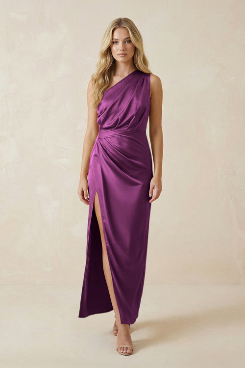 One - Shoulder Satin Ruched Sheath Bridesmaid Dress in Fig - KISS BRIDAL Bridesmaid Dresses