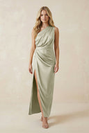 One - Shoulder Satin Ruched Sheath Bridesmaid Dress in Frost - KISS BRIDAL Bridesmaid Dresses