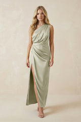 One - Shoulder Satin Ruched Sheath Bridesmaid Dress in Frost - KISS BRIDAL Bridesmaid Dresses