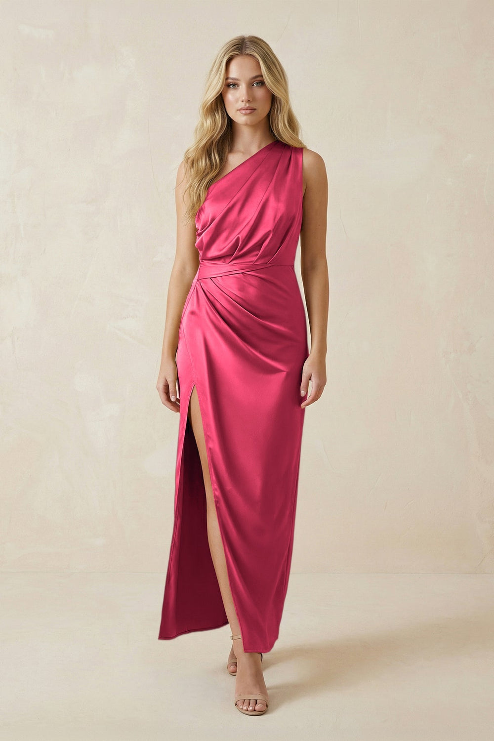 One - Shoulder Satin Ruched Sheath Bridesmaid Dress in Fuchsia - KISS BRIDAL Bridesmaid Dresses