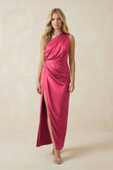 One - Shoulder Satin Ruched Sheath Bridesmaid Dress in Fuchsia - KISS BRIDAL Bridesmaid Dresses
