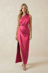 One - Shoulder Satin Ruched Sheath Bridesmaid Dress in Fuchsia - KISS BRIDAL Bridesmaid Dresses