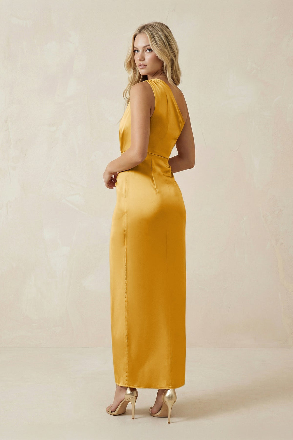 One - Shoulder Satin Ruched Sheath Bridesmaid Dress in Gold - KISS BRIDAL Bridesmaid Dresses