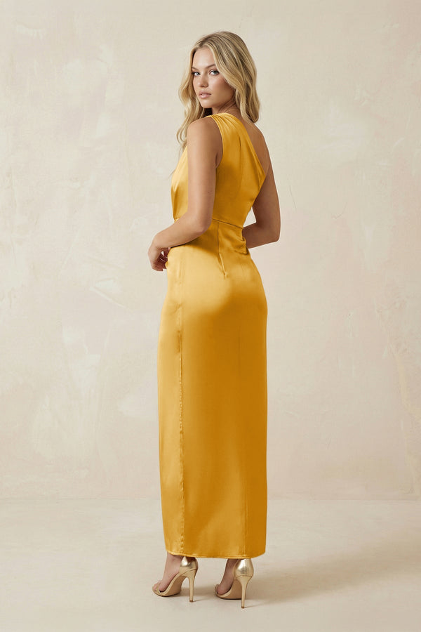 One - Shoulder Satin Ruched Sheath Bridesmaid Dress in Gold - KISS BRIDAL Bridesmaid Dresses