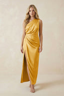 One - Shoulder Satin Ruched Sheath Bridesmaid Dress in Gold - KISS BRIDAL Bridesmaid Dresses