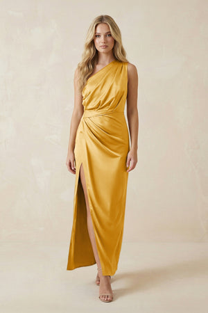 One - Shoulder Satin Ruched Sheath Bridesmaid Dress in Gold - KISS BRIDAL Bridesmaid Dresses