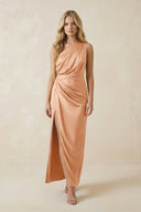 One - Shoulder Satin Ruched Sheath Bridesmaid Dress in Golden Champagne - KISS BRIDAL Bridesmaid Dresses