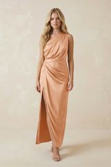 One - Shoulder Satin Ruched Sheath Bridesmaid Dress in Golden Champagne - KISS BRIDAL Bridesmaid Dresses