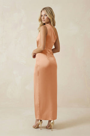 One - Shoulder Satin Ruched Sheath Bridesmaid Dress in Golden Champagne - KISS BRIDAL Bridesmaid Dresses