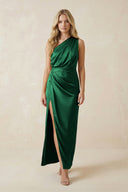 One - Shoulder Satin Ruched Sheath Bridesmaid Dress in Green - KISS BRIDAL Bridesmaid Dresses