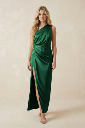 One - Shoulder Satin Ruched Sheath Bridesmaid Dress in Green - KISS BRIDAL Bridesmaid Dresses