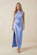 One - Shoulder Satin Ruched Sheath Bridesmaid Dress in Ice - KISS BRIDAL Bridesmaid Dresses