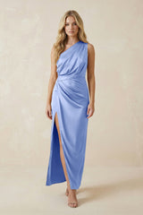 One - Shoulder Satin Ruched Sheath Bridesmaid Dress in Ice - KISS BRIDAL Bridesmaid Dresses