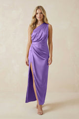 One - Shoulder Satin Ruched Sheath Bridesmaid Dress in Lilac - KISS BRIDAL Bridesmaid Dresses