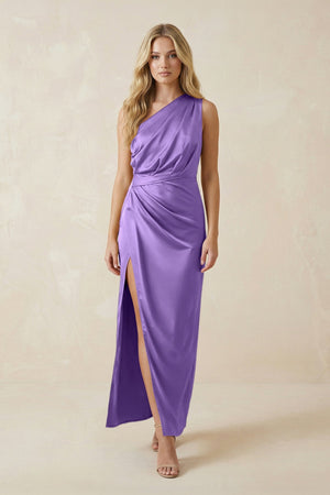 One - Shoulder Satin Ruched Sheath Bridesmaid Dress in Lilac - KISS BRIDAL Bridesmaid Dresses