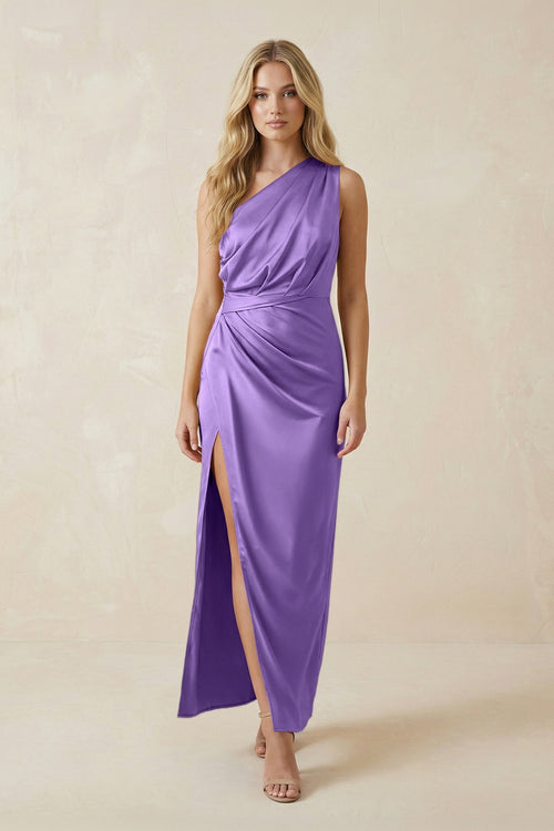 One - Shoulder Satin Ruched Sheath Bridesmaid Dress in Lilac - KISS BRIDAL Bridesmaid Dresses