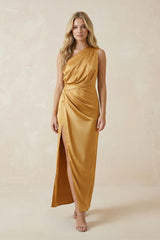 One - Shoulder Satin Ruched Sheath Bridesmaid Dress in Marigold - KISS BRIDAL Bridesmaid Dresses