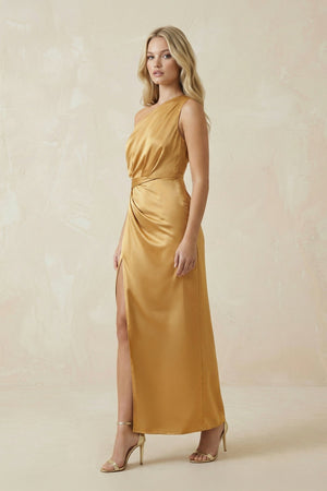 One - Shoulder Satin Ruched Sheath Bridesmaid Dress in Marigold - SHE IS ME Bridesmaid Dresses