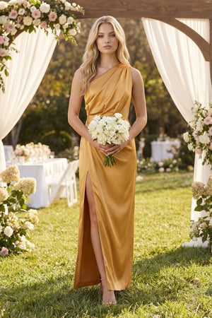 One - Shoulder Satin Ruched Sheath Bridesmaid Dress in Marigold - SHE IS ME Bridesmaid Dresses