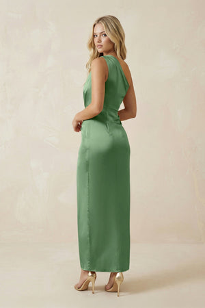 One - Shoulder Satin Ruched Sheath Bridesmaid Dress in Matcha - KISS BRIDAL Bridesmaid Dresses