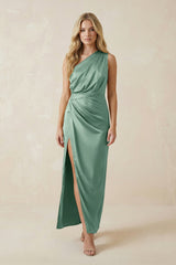 One - Shoulder Satin Ruched Sheath Bridesmaid Dress in Mint Green - KISS BRIDAL Bridesmaid Dresses