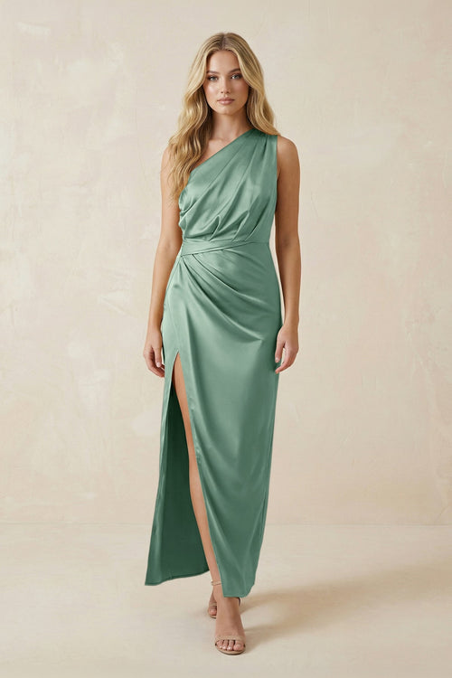 One - Shoulder Satin Ruched Sheath Bridesmaid Dress in Mint Green - KISS BRIDAL Bridesmaid Dresses