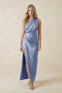 One - Shoulder Satin Ruched Sheath Bridesmaid Dress in Mist - KISS BRIDAL Bridesmaid Dresses