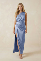 One - Shoulder Satin Ruched Sheath Bridesmaid Dress in Mist - KISS BRIDAL Bridesmaid Dresses